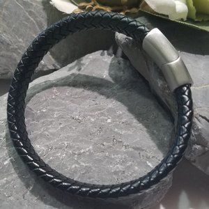 Men's Braided Leather Bracelet SS Magnetic Clasp